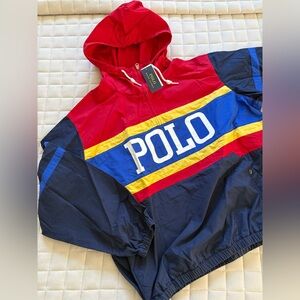 Polo by Ralph Lauren Men’s Red, Blue, and Yellow Windbreaker Pullover Hoodie